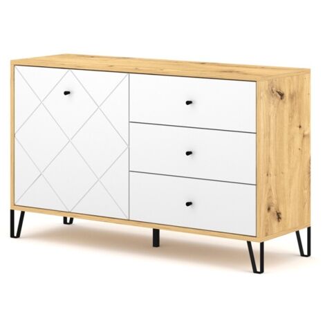 Buffet 1 porte 3 tiroirs 123,4x40x75,2 cm décor chêne et blanc