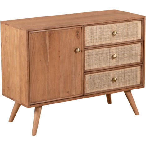 Buffet 1 porte et 3 tiroirs en bois d'acacia et cannage - NORIA