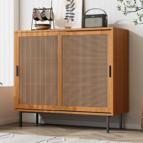 Buffet 100 cm avec 2 portesen en rotin et étagères réglables, style campagnard, Buffet de rangement avec 6 compartiments, marron