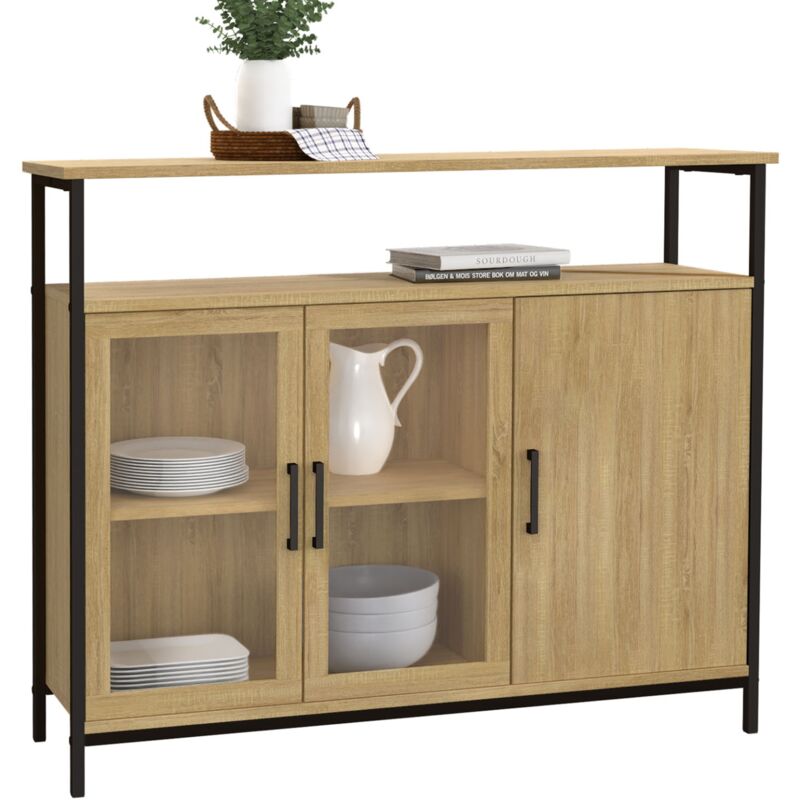 Buffet 100 cm detroit 2 portes vitrine avec placards design industriel