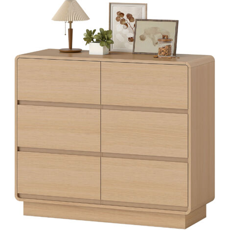 Buffet 100 cm en bois naturel, commode à 6 tiroirs, meuble de rangement pour cuisine, salon, salle à manger