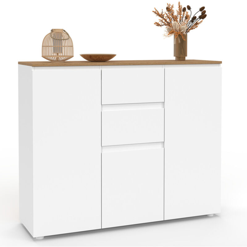 Buffet 100 cm TOBY 3 portes 2 tiroirs blanc et plateau bois