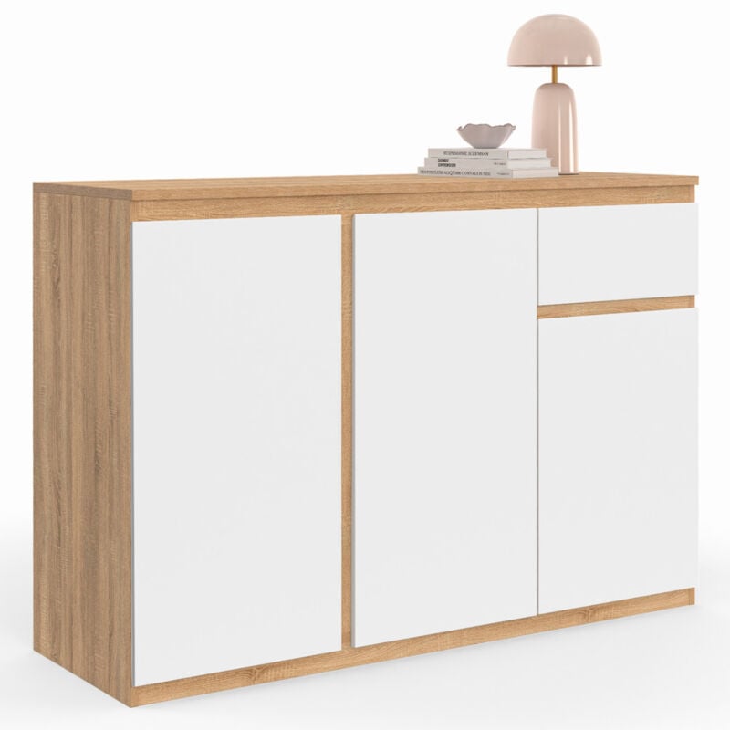 Buffet 100 cm tomi 3 portes et 1 tiroir blanc et bois