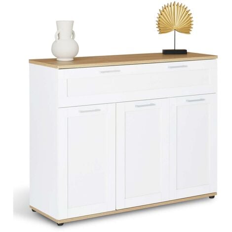 IDMARKET Buffet 100 cm VITO 3 portes et 1 tiroir blanc et plateau bois