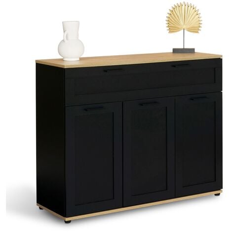 IDMARKET Buffet 100 cm VITO 3 portes et 1 tiroir noir et plateau bois