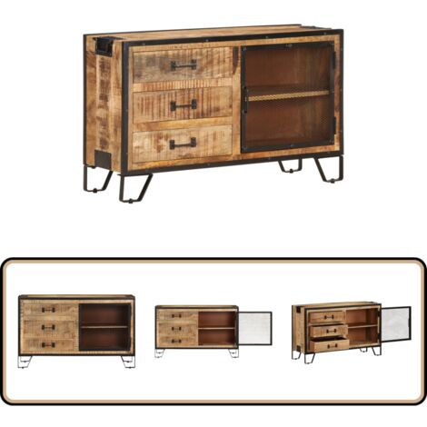 Buffet 100x31x60 cm Bois de manguier massif brut - Buffet Industriel - Meuble Rangement - Bois De Manguier - Design Rustique - Armoire Ouverte