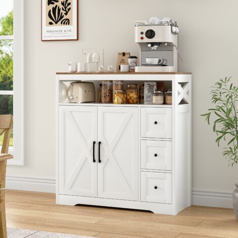 Buffet 100x40x105 cm, style scandinave avec décorations croisées 3 tiroirs, 2 portes et étagères ouvertes, grand esapce de rangement, pour salon et cuisine – Blanc