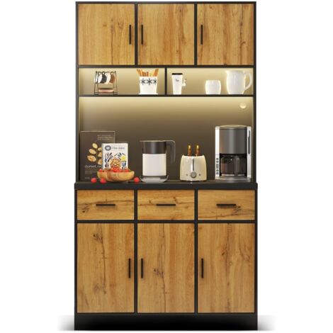 Buffet 100x40x180cm mit LED-Beleuchtung mit Fernbedienung, Schubladen, verstellbaren Einlegeböden-Couleur naturelle