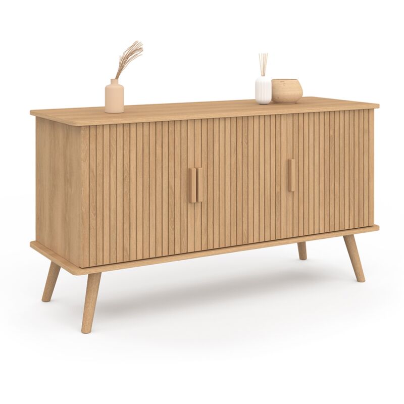 Idmarket Beige Buffet 110 Cm Juliette Effet Lattes 3 Portes