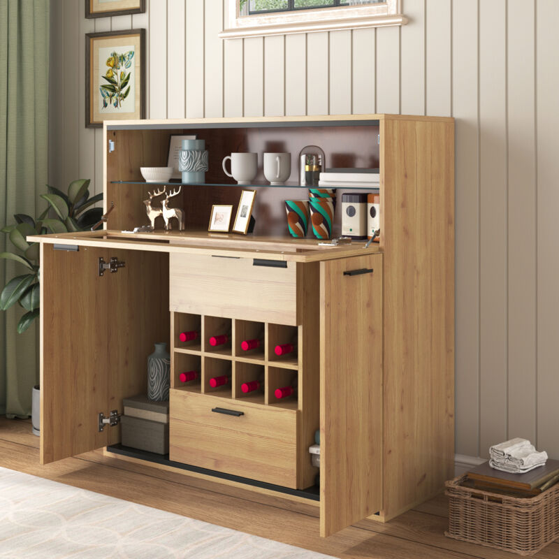 Buffet 110x38x111cm avec 2 tiroirs 3 portes, commode, meuble de cuisine, étagère en verre, avec porte-bouteilles, aggloméré, naturel