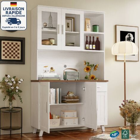 Buffet 114x40x190 avec 5 portes et étagères de rangement ouvertes, 1 tiroir, aggloméré, blanc.