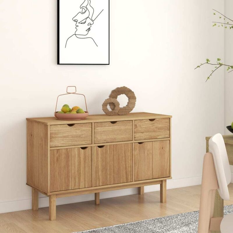 Vidaxl – Buffet scandinave en bois massif de pin 114x43x73,5 cm – 3 tiroirs et 3 portes – Grand espace de rangement décoratif