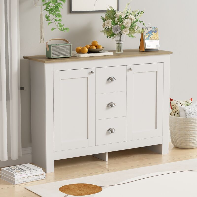 Buffet 116x35x81cm - Armoire avec 2 portes et 3 tiroirs - étagère réglable, poignées argentées - Blanc