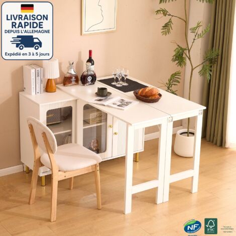Buffet 116x40x78,5 cm, meuble de salle à manger avec table extensible pliante, pieds en métal, porte coulissante en verre, étagères réglables, blanc