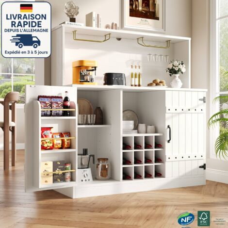 Buffet 119,4 x 40 x 120 cm, 2 portes avec porte-bouteilles, meuble de cuisine, compartiment de rangement ouvert, multifonctionnel, MDF + métal, blanc