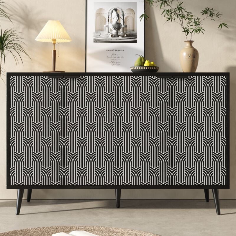 Buffet 120 cm avec 4 compartiments, meuble de salle à manger, sans poignée, anti-basculement, motif à chevrons, meuble de rangement pour salle à