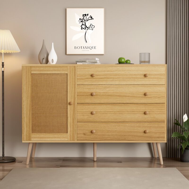 Eifson - Buffet 120 cm, avec 4 tiroirs, 1 porte en texture rotin, poignées rondes en bois massif, pour salle à manger et couloir - Naturel
