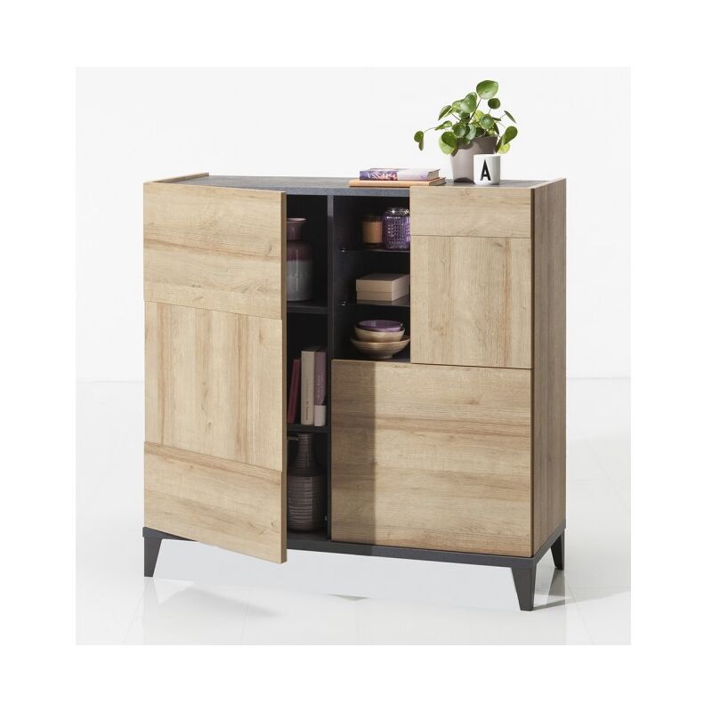 Armoire 120 cm chêne et gris avec 3 portes et 1 compartiment avec deux étagères en verre - Monza