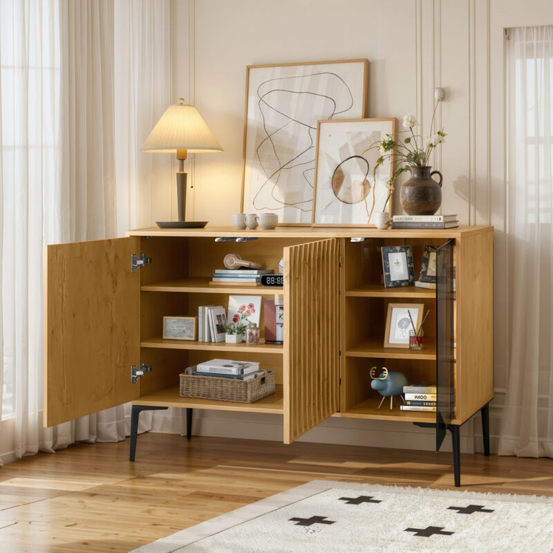 Buffet 120 cm, meuble de salle de bain avec led, porte vitrée, panneau dense, adapté au salon cuisine, couleur naturelle