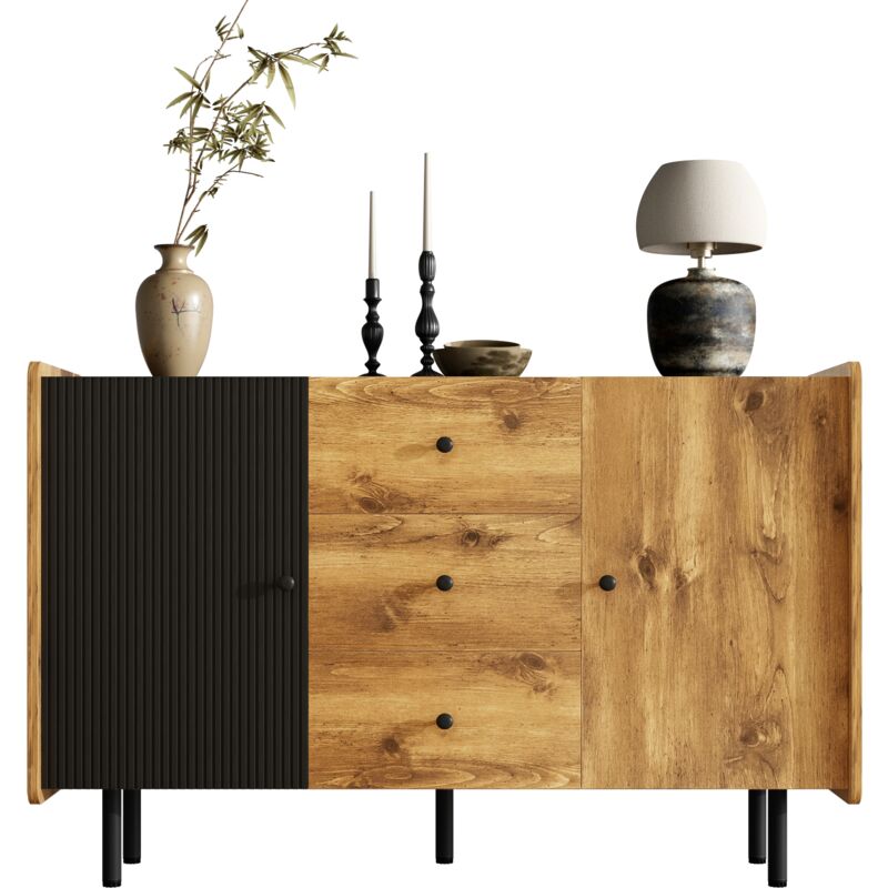 Buffet 120 cm Noir et Bois - Style Moderne, Deux Portes et Trois Tiroirs