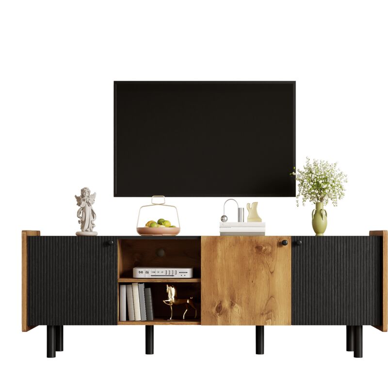 Meuble tv 160 cm Noir et Bois - Style Moderne avec Trois Portes et Deux Compartiments Ouverts