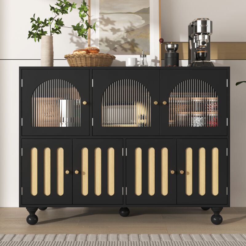 Buffet 120 cm, rectangulaire, avec 3 portes en verre, 4 portes en bois, étagères, pieds ronds, Scandinave, meubles de salon - Noir
