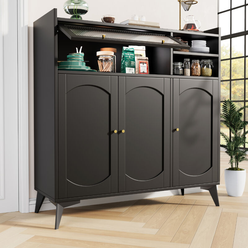 Buffet noir 120x39,8x118,5 cm avec grand espace de rangement, porte vitrée et poignée dorée, pour salle à manger, salon