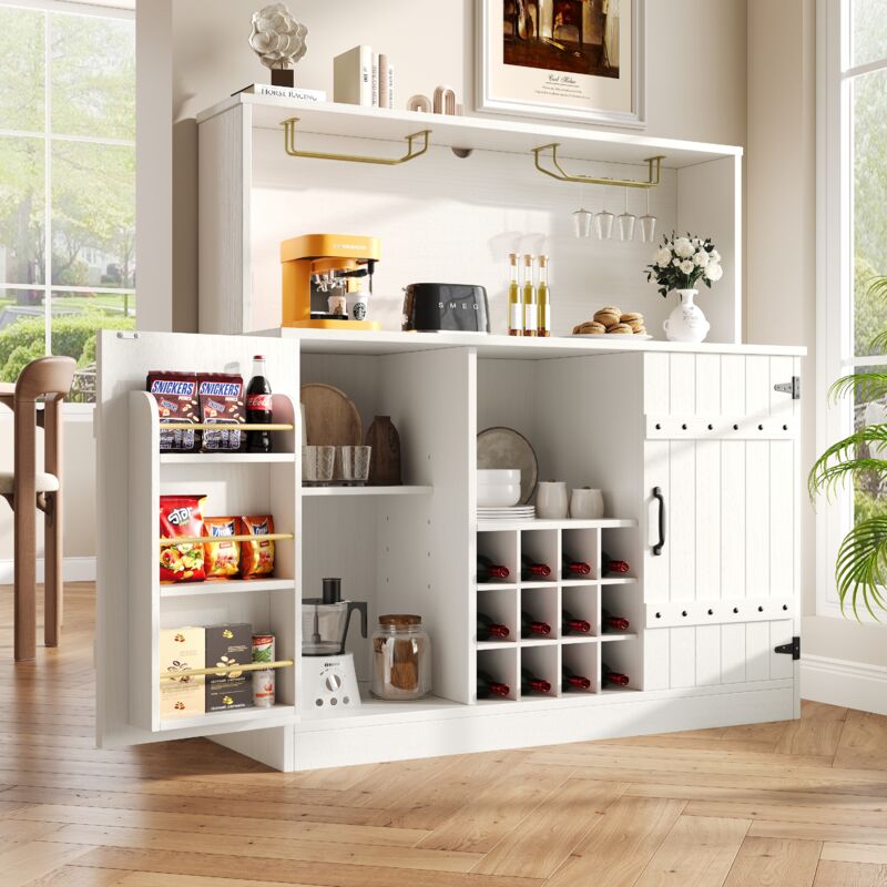 Okwish - Desserte de cusine blanche avec étagères réglables, portes de rangement, casier à verre à vin et casier à vin, 139x46x92 cm