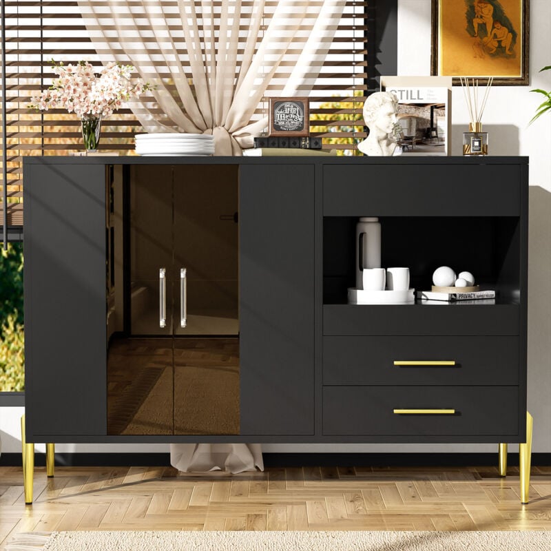 Buffet 120×39.5×84cm, 2 portes vitrées + 3 tiroirs, avec rangement ouvert, meuble de salon, commode, MDF, noir