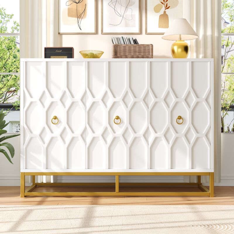Buffet 120×40×85cm, meuble de rangement de salon, 3 portes, pieds en fer, MDF+métal, blanc
