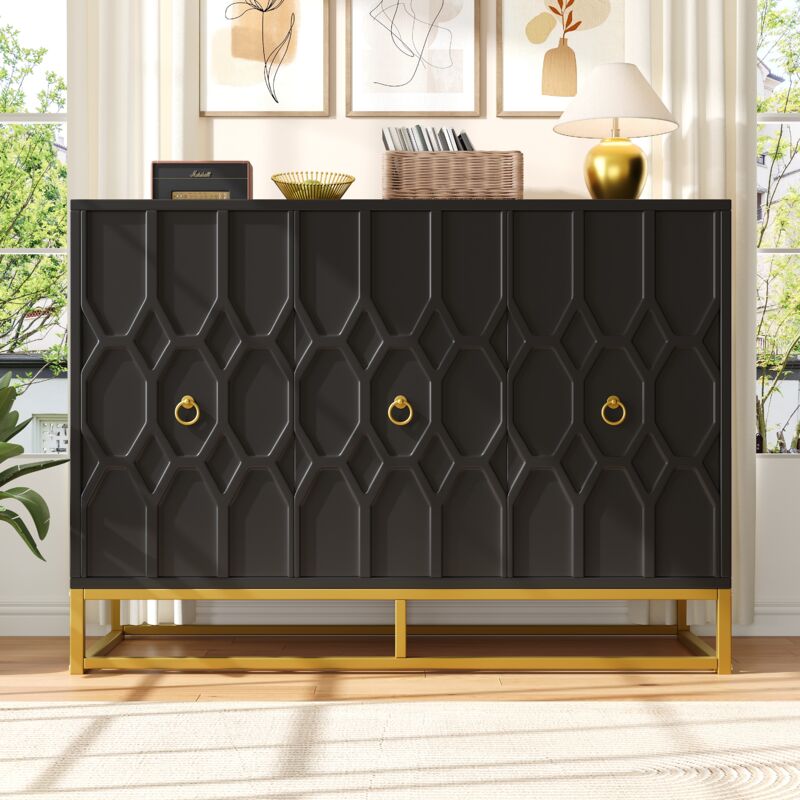 Buffet 120×40×85cm, meuble de rangement de salon, 3 portes, pieds en fer, MDF+métal, noir