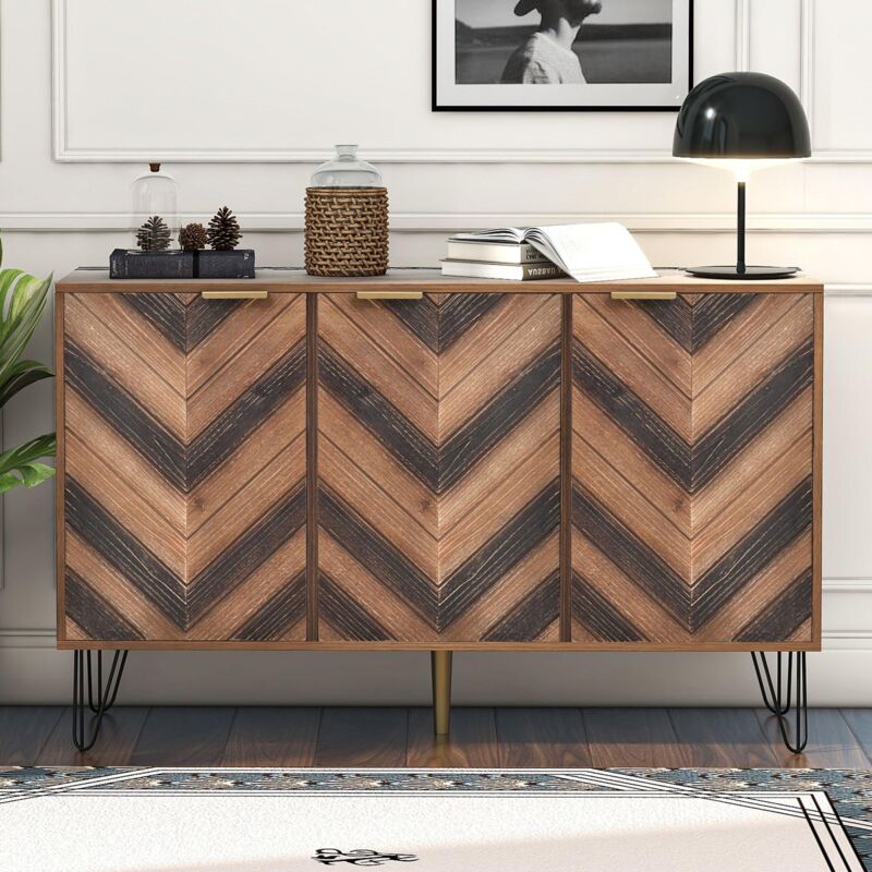 Buffet 120 cm, avec 3 portes, 3 étagères réglable, poignées en métal doré, style Moderne, armoire de salon - Marron