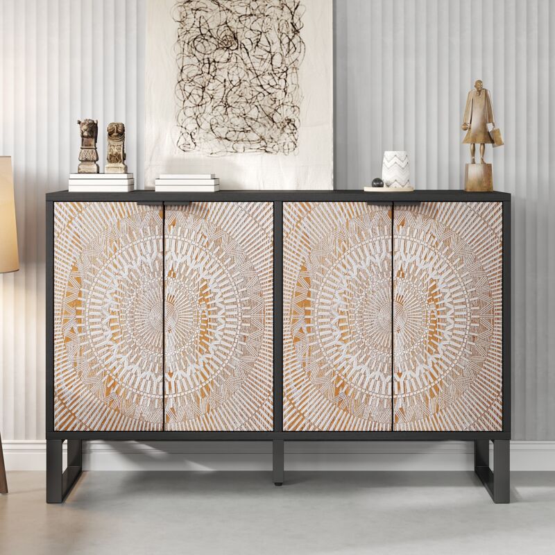 Buffet 120cm avec 4 portes profilées, étagères internes, poignées en métal et pieds réglables, Buffet salon, meuble de rangement salon - Noir