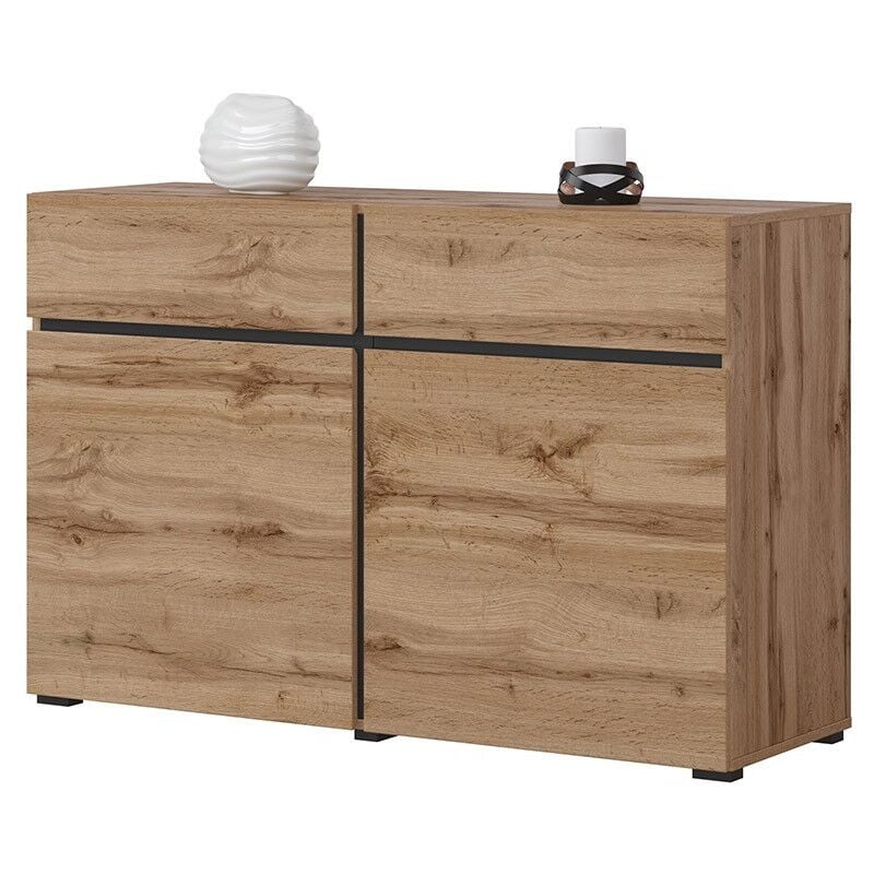 Buffet 120cm coloris chêne et noir collection havana. Bahut design avec 2 portes et 2 tiroirs.