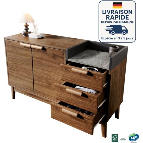 Buffet 120cm - Commode décorative en chêne avec plateau effet marbre - étagères ouvertes + 3 tiroirs et portes doubles (hauteur intérieure réglable) - pieds en bois massif et compatible aspirateur rob