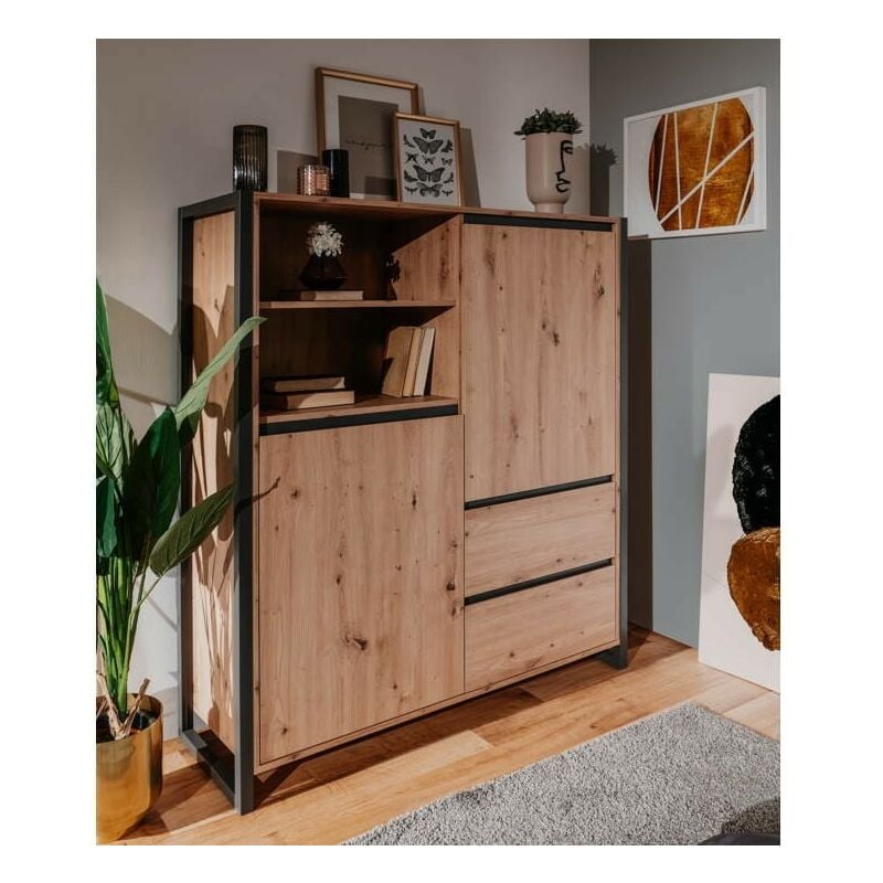 Toscohome - Buffet 120x140h cm avec portes et tiroirs en chêne et anthracite - Denver 51