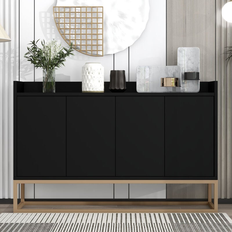 Buffet 120x30x80 cm avec 4 portes de renbond et étagères de rangement, mdf, pied en métal doré, noir