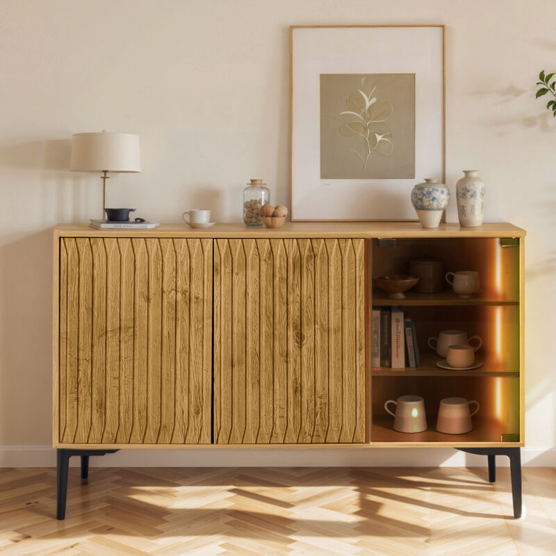 Buffet 120x35x57cm - Meuble avec bande lumineuse, 4 portes, porte vitrée - MDF+Verre - Naturel