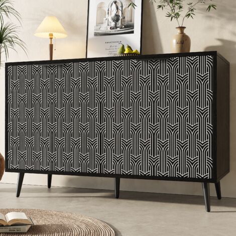 Buffet 120x35x78cm avec 4 portes, meuble de cuisine, design sculpté, MDF, noir