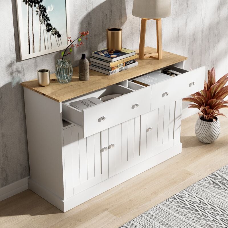 Buffet 120x36x80,5cm, meuble de rangement, 2 tiroirs, 3 portes, salon/salle à manger/cuisine/chambre, blanc