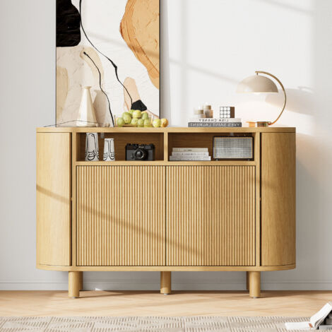 Buffet 120x38x77 cm - Design 3D Relief Vertical - Niche Arrondie - Étagères Réglables - Structure MDF - Bois Naturel