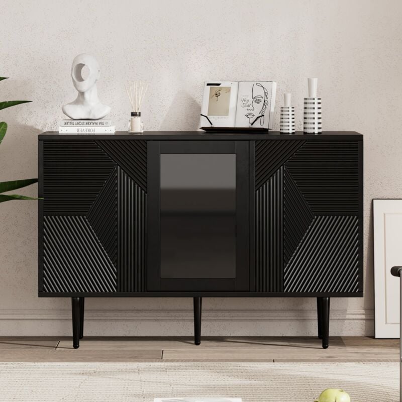Eifson - Buffet 120x38x79,5 cm avec 3 portes, pieds en métal et portes vitrées, panneaux de particules, pour salon et salle à manger - Noir