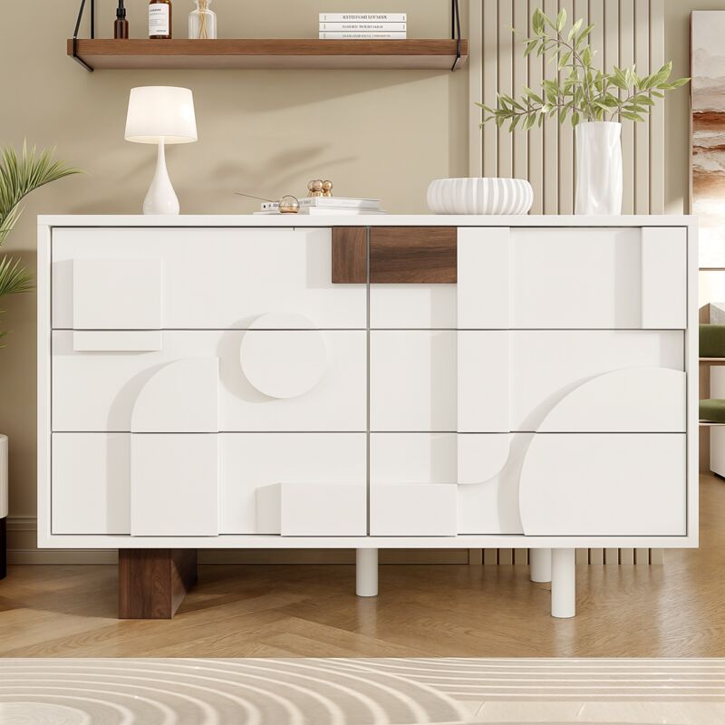 Buffet 120x40x75 cm, avec 6 tiroirs coulissants, portes design géométrique, sans poignées, pieds en bois massif, pour salle à manger, salon - Blanc