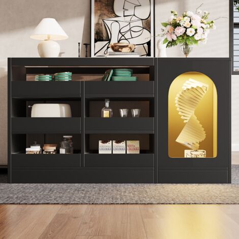 Buffet 120x40x75 cm, avec 6 tiroirs, portes ajourées, éclairage LED, commode simple, pour salon et salle à manger - Noir