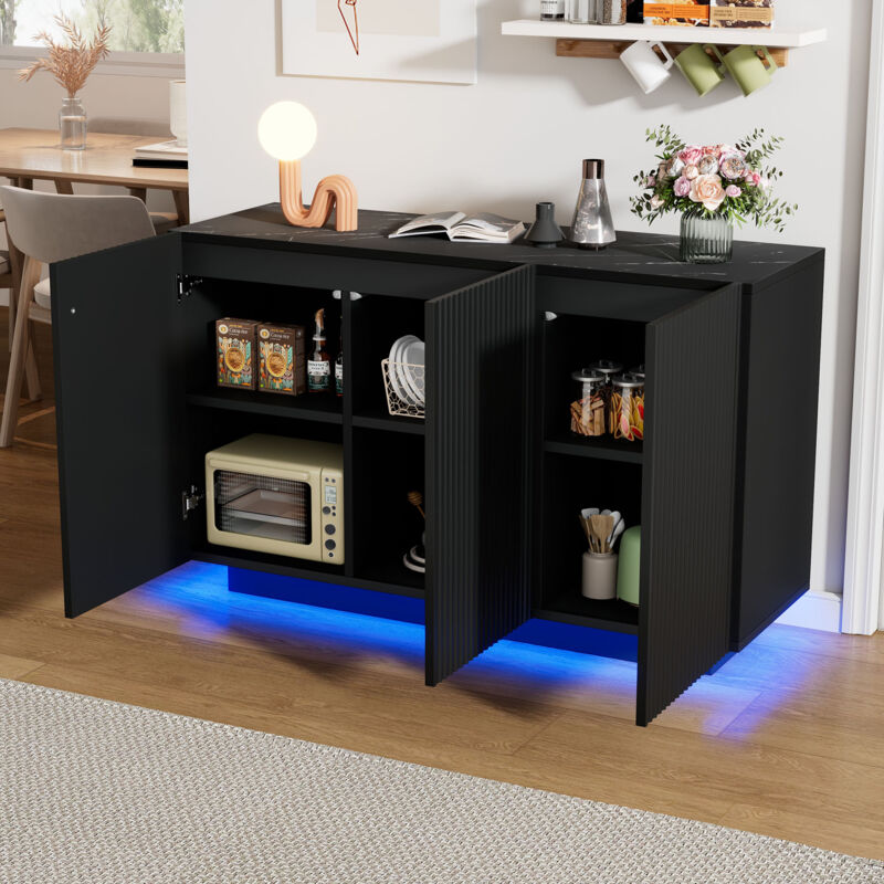 Buffet 120x40x75cm avec 3 portes, motif marbre, led, meuble de cuisine, mdf, noir