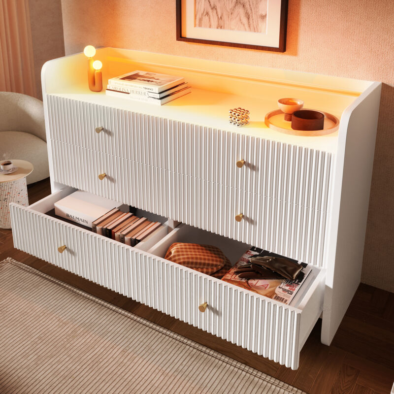 Buffet 120x40x75cm avec 6 tiroirs, commode, meuble de cuisine, led, aggloméré, blanc