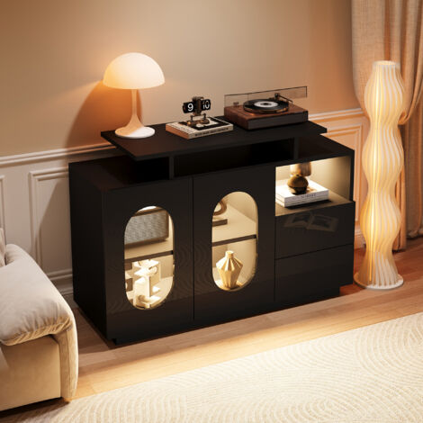 Buffet 120x40x80 cm avec éclairage LED, portes ovales en verre et panneau brillant, noir