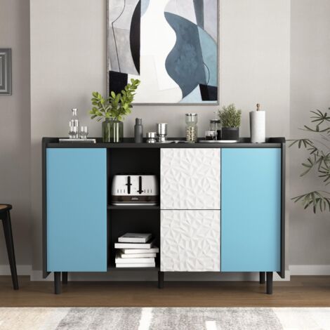 Buffet 120x40x80 cm, meuble bar moderne avec 2 tiroirs, 2 compartiments de rangement ouverts, forme de façade unique, meuble décoratif de cuisine, salle à manger - Bleu