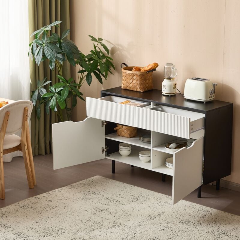 Buffet 120x40x80cm, meuble de rangement de salon, 2 tiroirs, étagères réglables, 2 portes, noir + blanc