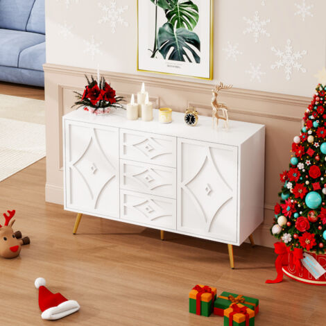 Buffet 120x40x80cm motif 3D losange élégant panneau de particules pieds dorés blanc